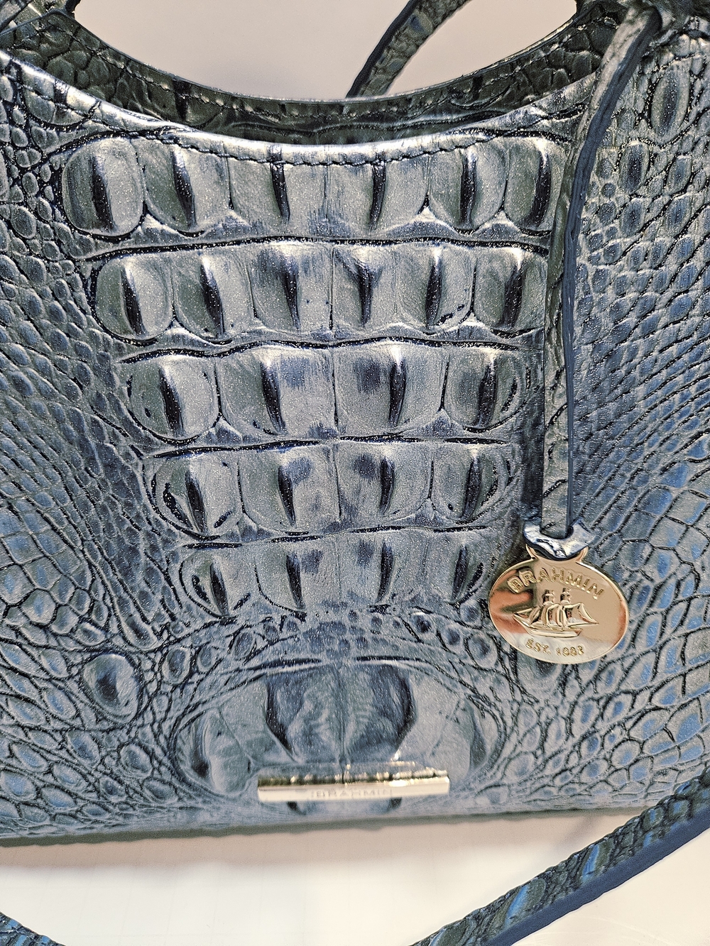 NWOT Brahmin Duxbury Satchel Blue Metallic Croc Embossed Leather Handbag + Strap - Picture 16 of 16